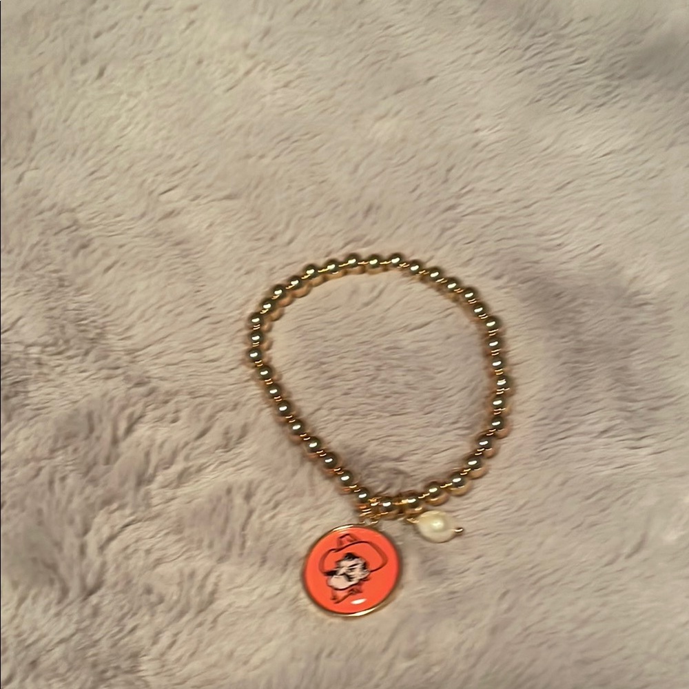 Gold Beaded Bracelet with Orange Charm